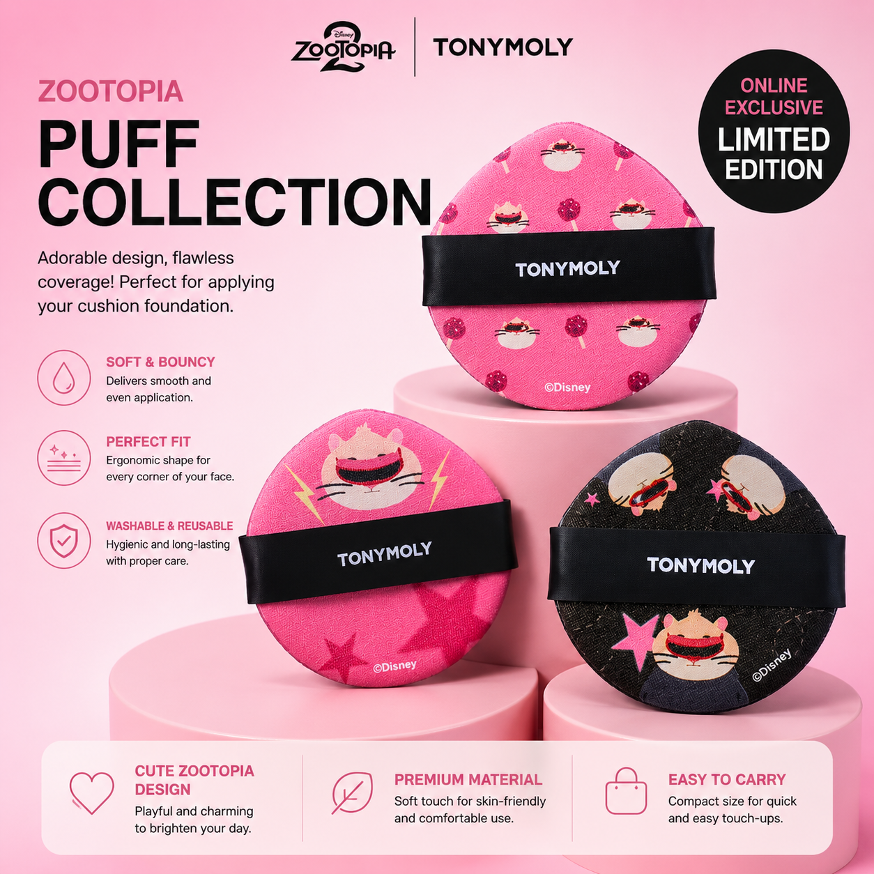 [Zootopia Edition] Tony Moly Skin Tone Fixing Cover Cushion Puff, 3 Pieces